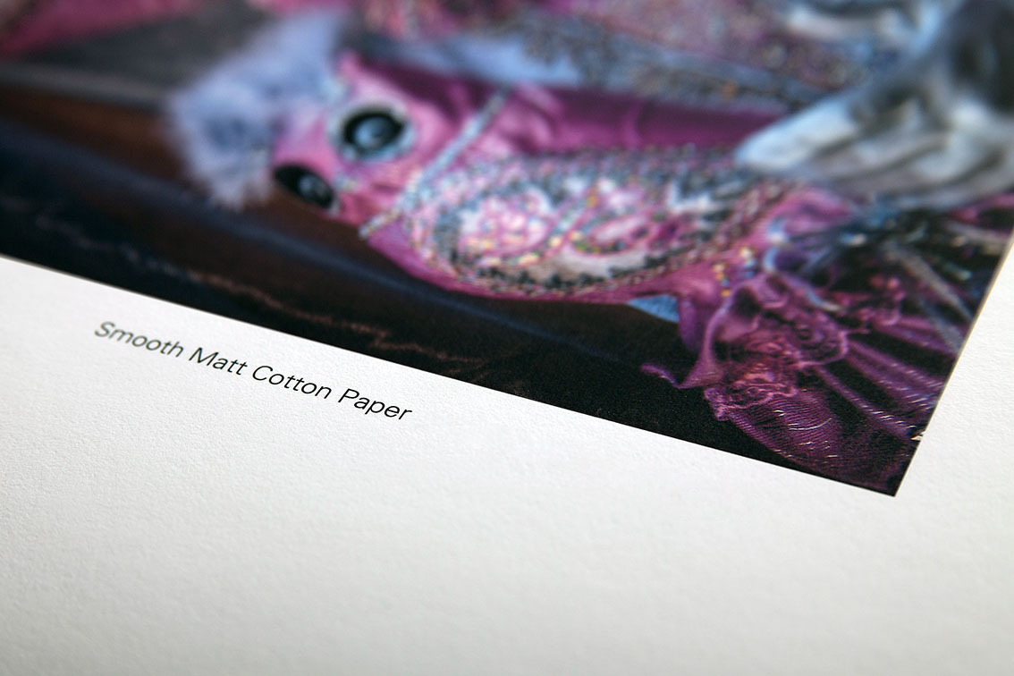 A close-up of a smooth matt cotton paper with a printed image showing details and colors on the surface.