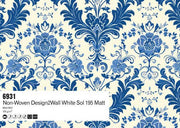 Blue floral pattern on white background with product details. 6931 Non-Woven Design2Wall 195gsm Matt