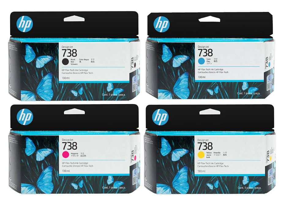 A set of genuine HP 738 DesignJet ink cartridges 130ml in 4 colours: Cyan, Magenta, Yellow & Black