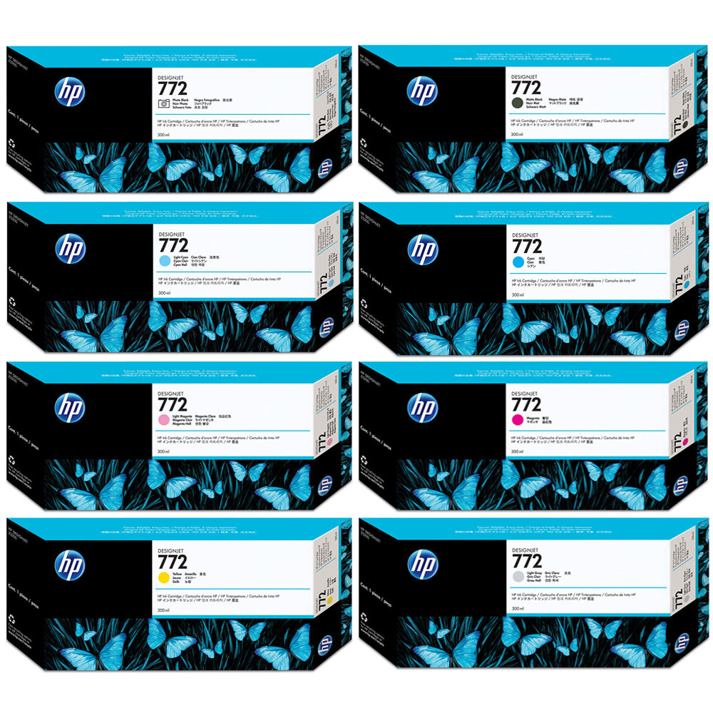 A set of genuine HP 772 DesignJet 300ml ink cartridges in 8 colours: Photo Black, Matte Black, Light Cyan, Cyan, Light Magenta, Magenta, Yellow & Light Gray