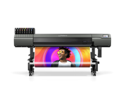 Roland wide-format printer with colorful print on a white background