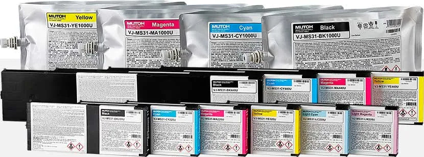 A collection of MUTOH MS31 Eco Ultra Ink bags in various colors for different printer models.
