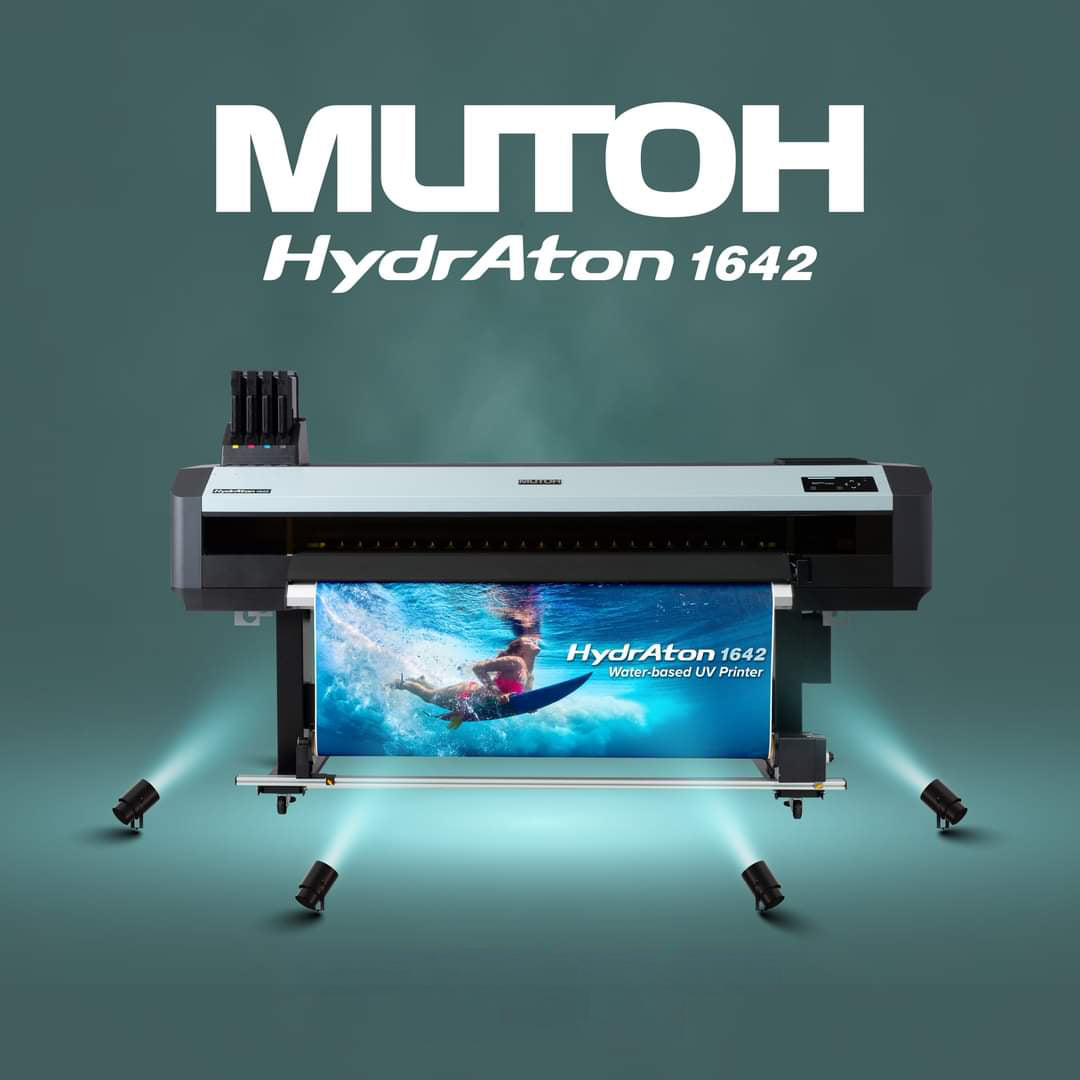 Mutoh HydrAton 1642 printer on a dark green background