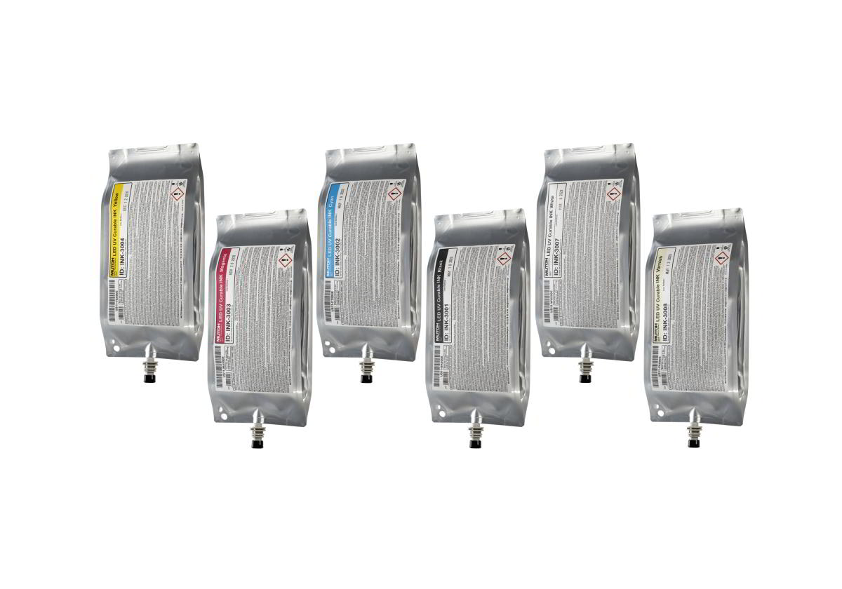 A set of Mutoh ValueJet US11 UV ink bottles in various colors.