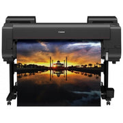 Promotional image for Canon large format printers with a bonus ink offer, featuring a set of Canon ink tanks in various colors.