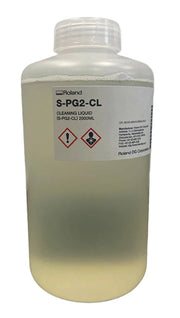 A 2000 mL plastic bottle of Roland S-PG2-CL cleaning liquid, showing a translucent white bottle with a white label and pale yellowish liquid inside, on a white background.