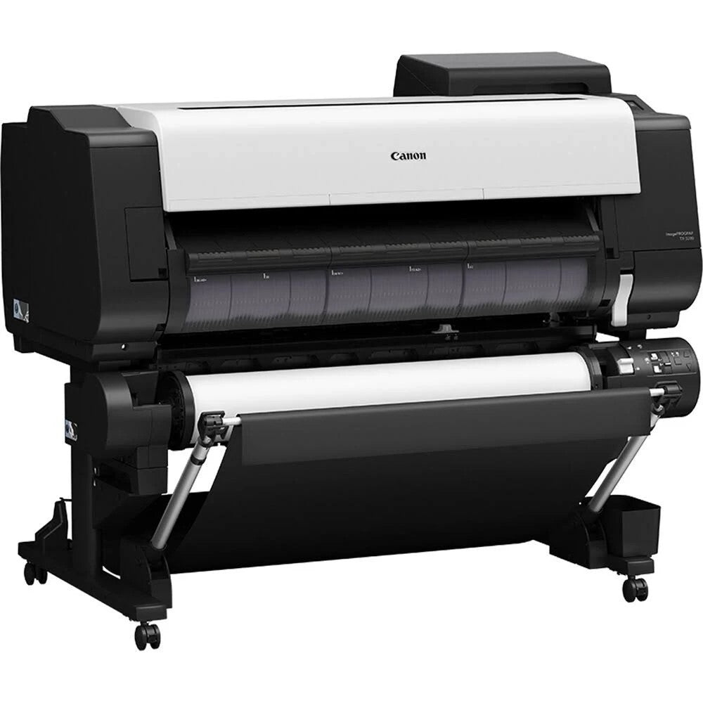 A Canon iPF TX-3200 36" 5 Colour Technical Large Format Printer with Stand on wheels and a print bed extended.