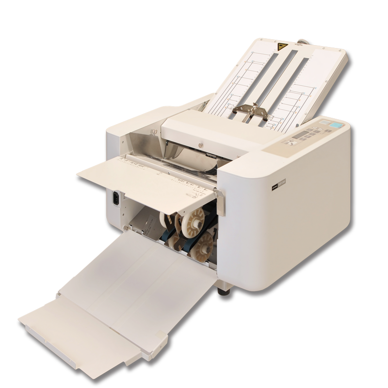 A white UCHIDA EZF-200 Folding Machine, an automatic friction-feed paper folder, designed for desktop use.