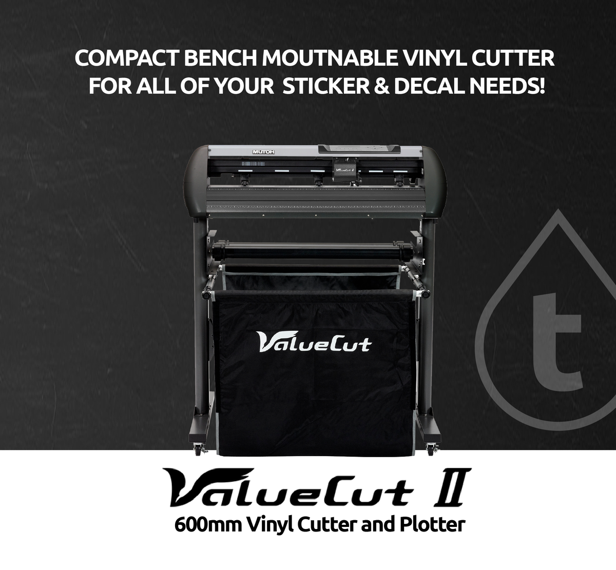A black Mutoh ValueCut II 600mm vinyl cutter and plotter with text detailing its features, placed on a textured dark background with a logo and a tear-off tab.