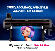 Mutoh XpertJet 1641SR PRO Eco-Solvent 64" Large Format Printer featuring a single print head, with a image of a woman with purple hair on the display screen, indicating speed, accuracy, and style! Solvent perfection! Built for professionals.