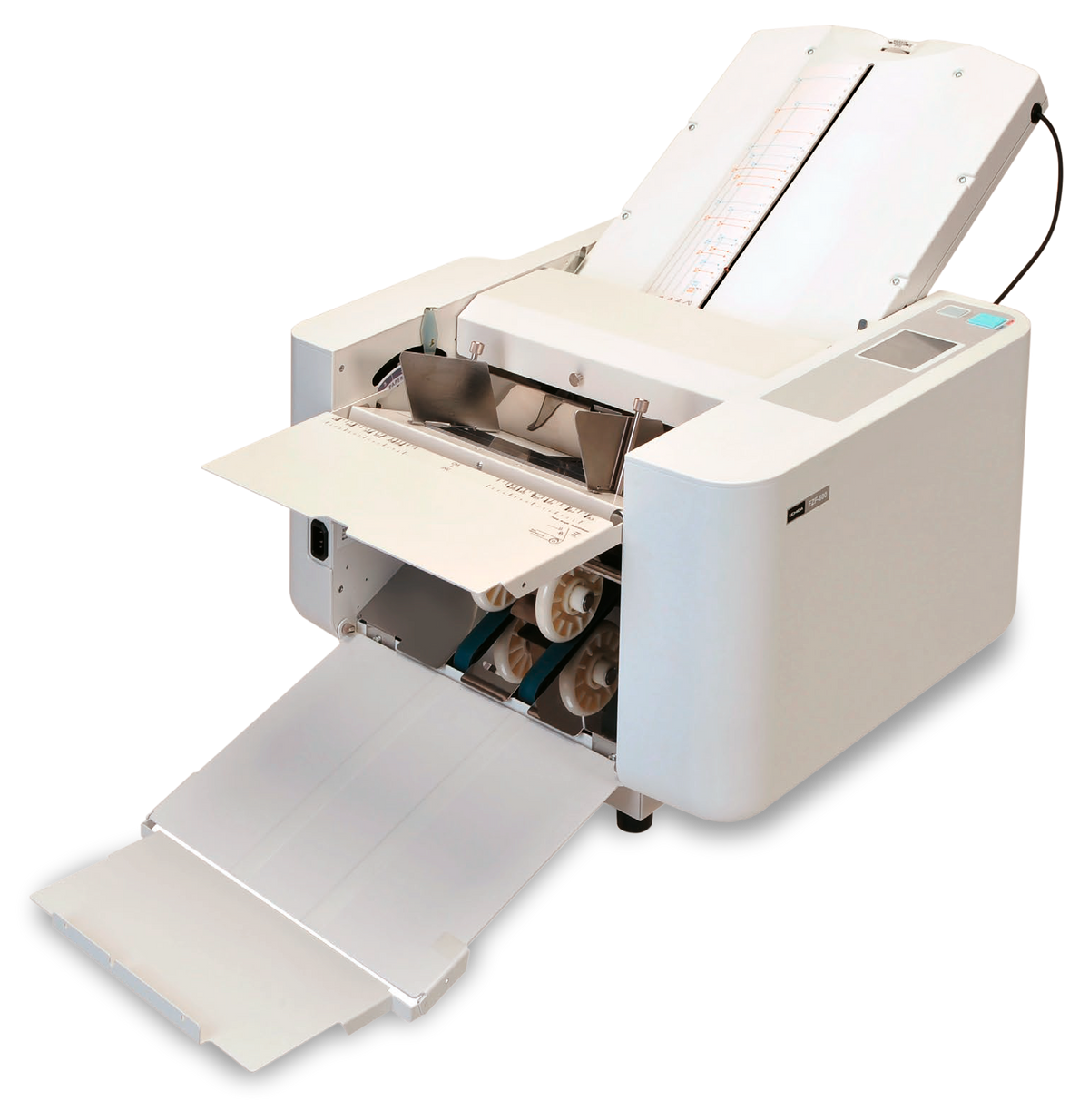 A white UCHIDA EZF-500 folding machine for paper handling, showing its interior components and fold-out design.