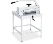 A heavy duty manual guillotine with stand, predominantly white in color, with transparent safety guards and a hand crank.
