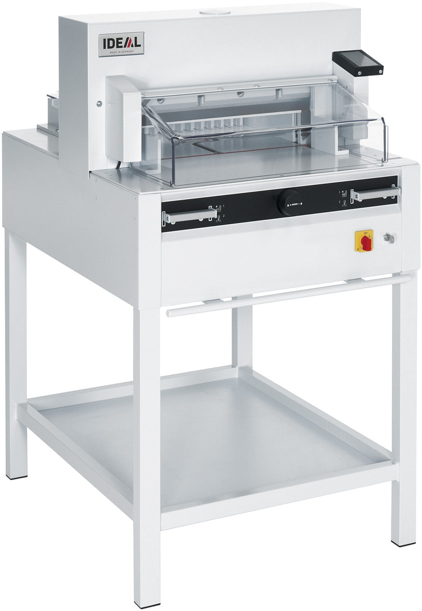 Electric and programmable guillotine with a white body and base, featuring safety guards and a touch pad for operation.