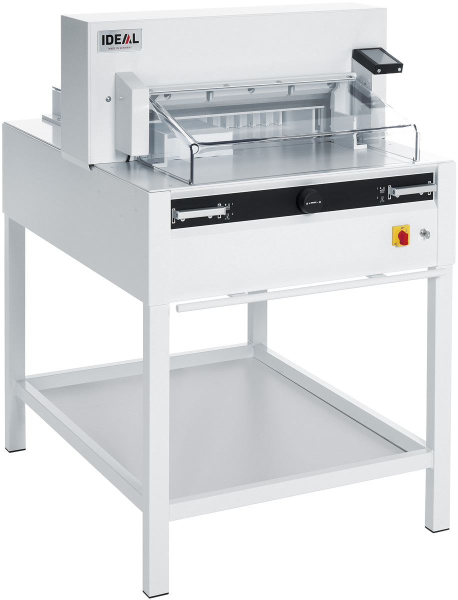 A professional white IDEAL 5255 programmable guillotine with a transparent safety guard, LED optical cutting line, and a touch pad for operation.