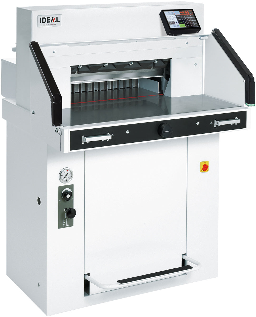 IDEAL 5560 Hydraulic Guillotine paper cutter machine with a digital touch pad on top, primarily in white and black colors.