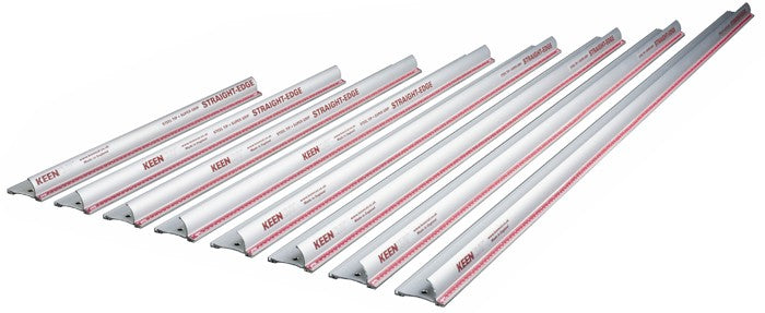 A set of silver anodised aluminium straight edges of various sizes with red detailing, designed for precision cutting and marking tasks.