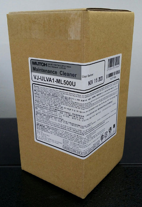 A boxed 500ml bottle of Mutoh Eco-Solvent / LED UV Maintenance Cleaner.