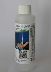 A bottle of N-Bond UV-Primer with a label showing product information and a hand holding a glass surface demonstrating the application of the primer.