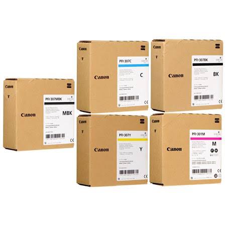 A set of Canon PFI-307 pigment ink cartridges in various colors, including cyan, magenta, yellow, black, and gray, packaged in cardboard boxes.