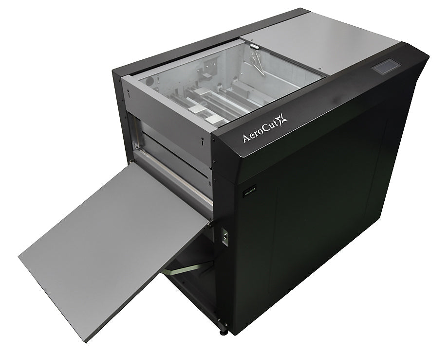 The image shows a UCHIDA AeroCut X Cutter & Creaser, which is a paper handling machine with a digital touch screen display.
