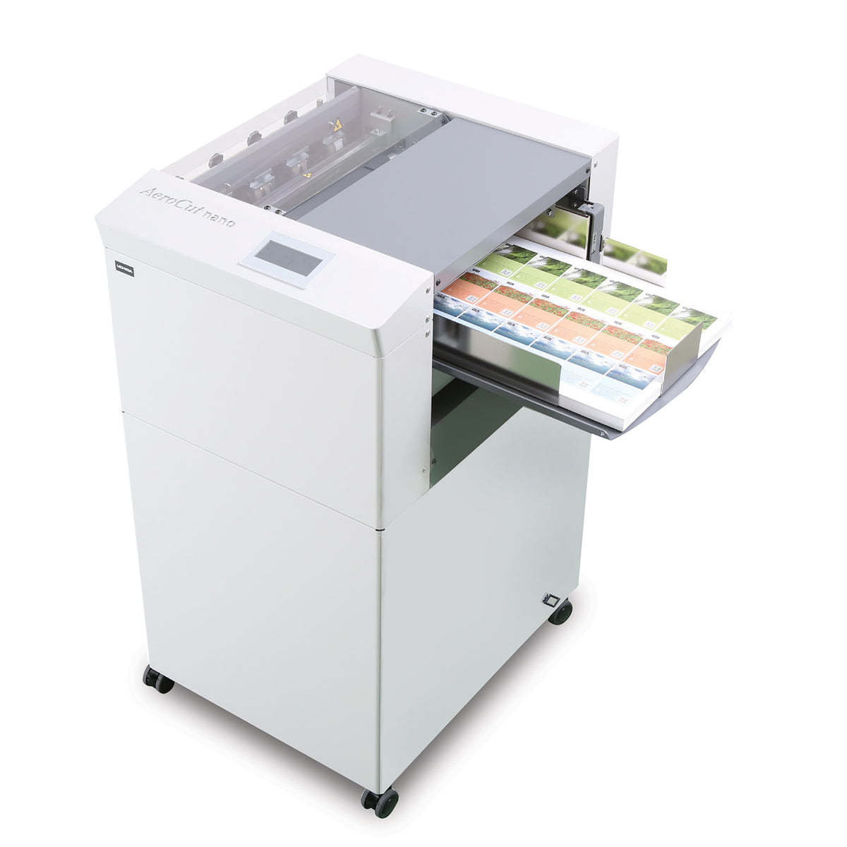 The image shows a UCHIDA Aerocut Nano Plus Card Cutter, which is a professional office machine with a touch screen and paper trays visible.