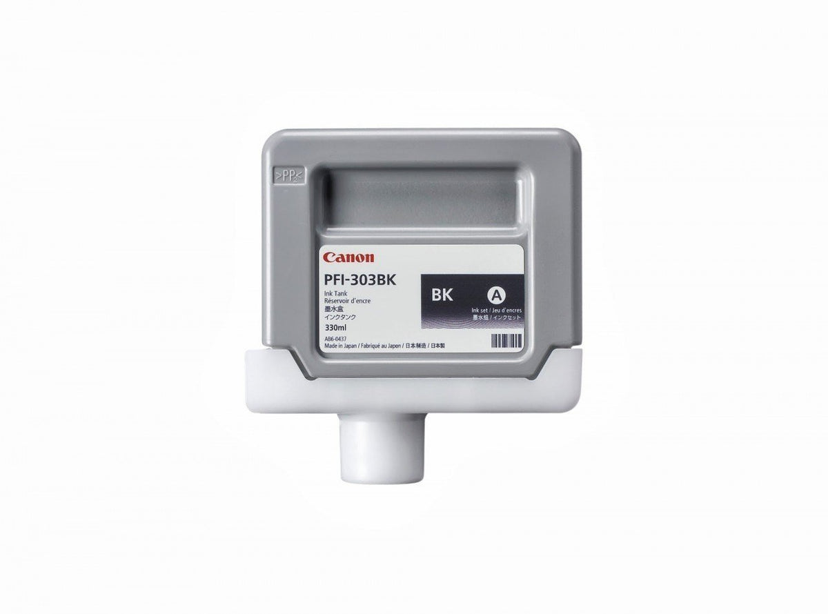 A Canon PFI-303 Lucia EX Ink 330ml cartridge, predominantly gray and white in color, with the Canon brand and product information visible on the label.