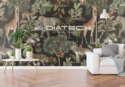 A section of non-woven, satin finish wallpaper featuring a tropical animal pattern with giraffes, monkeys, and foliage, intended for wall coverings.