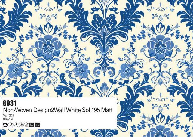 Blue floral pattern on white background with product details. 6931 Non-Woven Design2Wall 195gsm Matt
