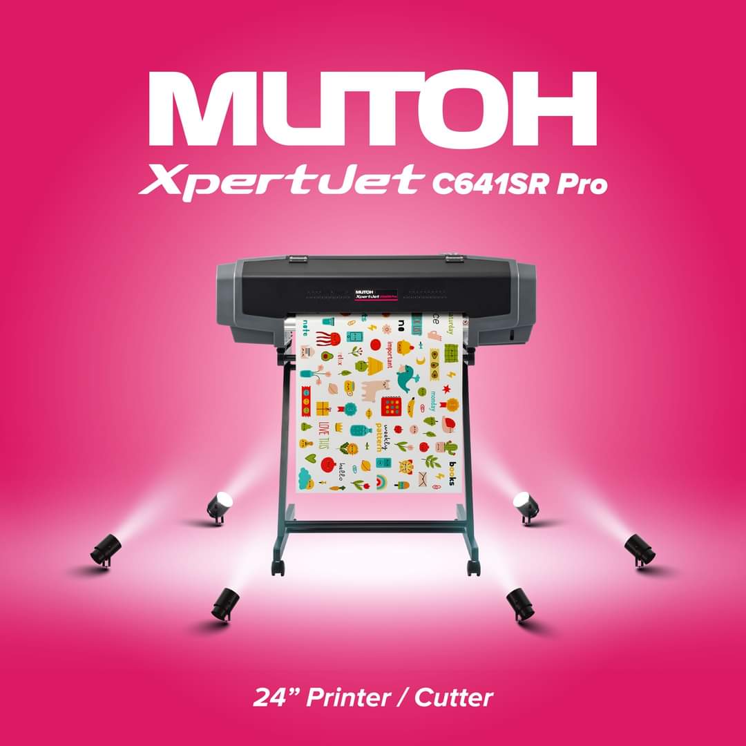 Mutoh XpertJet C641SR Pro 24 inch eco-solvent desktop printer/cutter combo showcased with a colorful print output, positioned on a pink background.