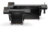 Large flatbed printer with color cartridge holder on a white background