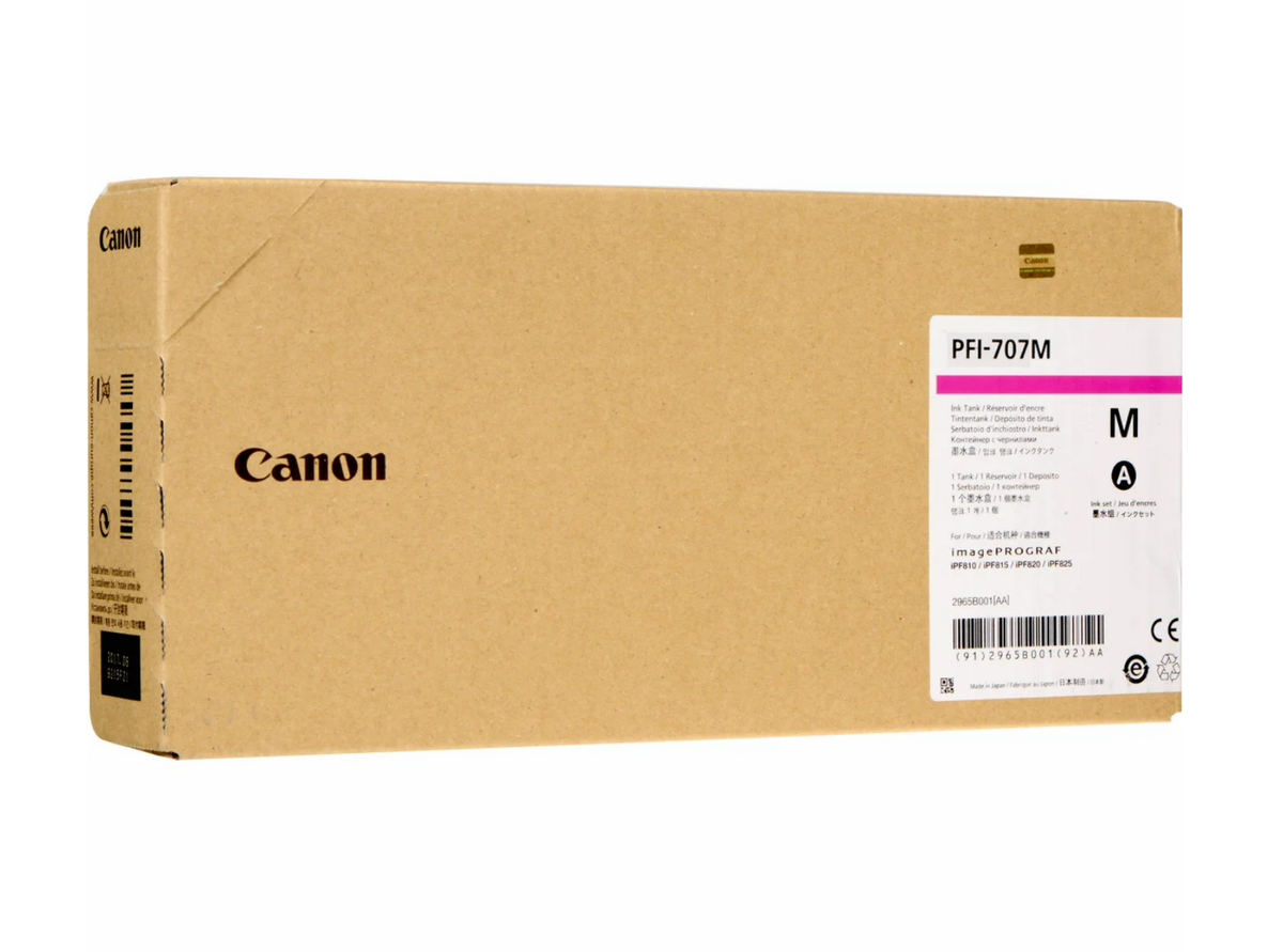 A Canon PFI-707 Lucia EX Ink cartridge in its packaging, predominantly beige in color with product information and branding visible.