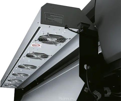 A close-up of a large industrial ventilation or cooling unit with multiple black cooling fans mounted on a silver metal housing, shown against a white background.
