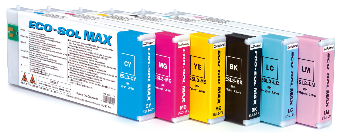 Set of ink cartridges with labels on a white background