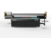 Wide-format printer with a colorful print on a white background