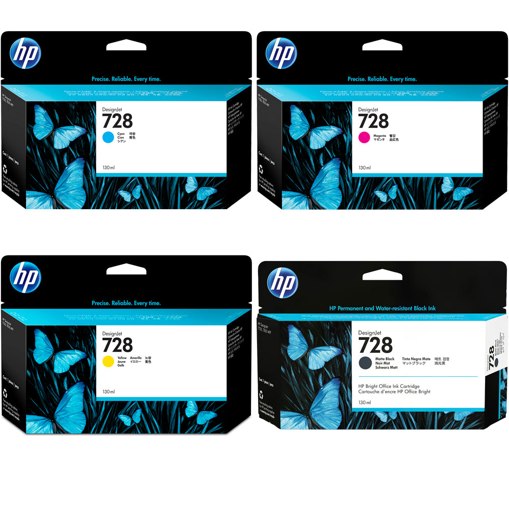 A set of genuine HP 728 DesignJet ink cartridges 130ml in 4 colours: Cyan, Magenta, Yellow & Matte Black