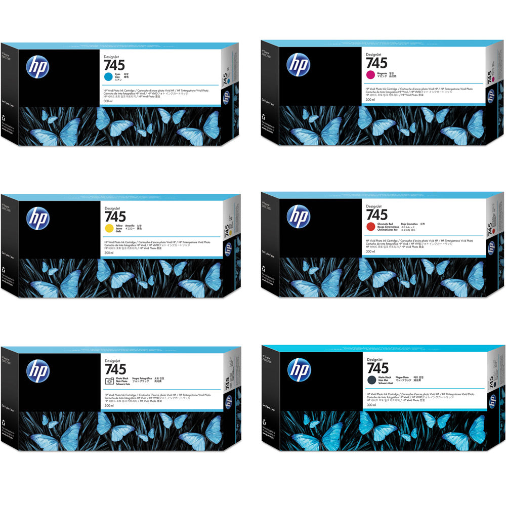 A set of genuine HP 745 DesignJet ink cartridges 300ml in 6 colours: Cyan, Magenta, Yellow, Chromatic Red, Photo Black & Matte Black