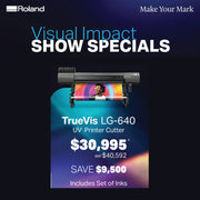 Promotional graphic for a Roland TrueVis LG-640 UV printer cutter, showing the printer with colorful paper and large sale text on a dark blue background with Roland branding.