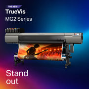 A large industrial wide-format printer shown on a blue-to-purple gradient background, printing a vivid concert scene onto a roll of material. Text in the image reads 'THE NEW TrueVis MG2 Series' and 'Stand out'.