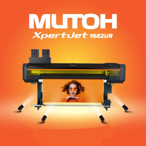 Mutoh XpertJet 1682UR large format printer showcased with an image of a woman's face printed on paper, emphasizing the printer's capability to print clear and vibrant images.