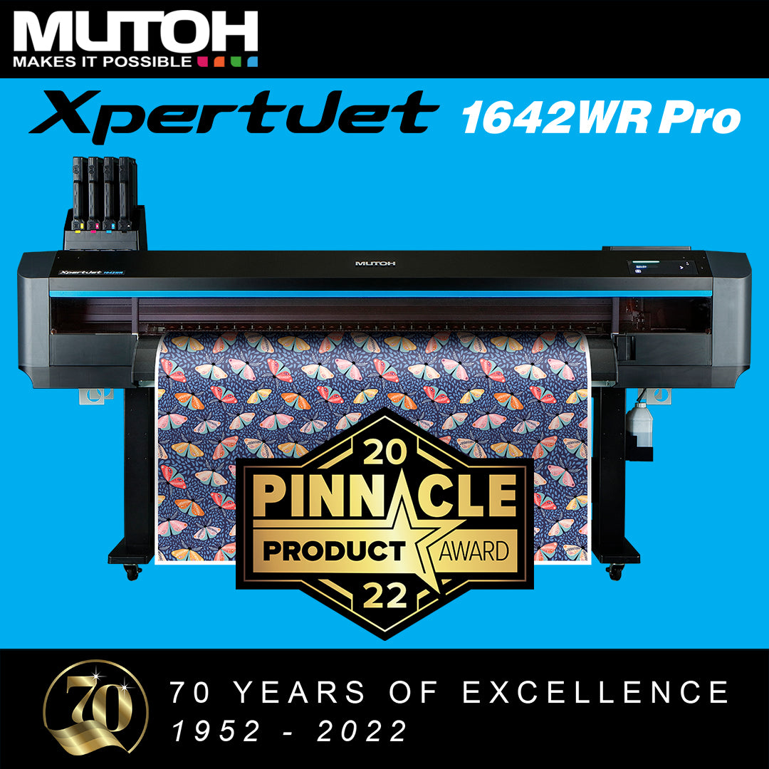 MUTOH XpertJet 1642WR Pro large format dye-sublimation printer, featuring a black and gray color scheme with a graphic of fish on paper, and award badges indicating 70 years of excellence and a 2022 product award.