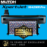 MUTOH XpertJet 1642WR Pro large format dye-sublimation printer, featuring a black and gray color scheme with a graphic of fish on paper, and award badges indicating 70 years of excellence and a 2022 product award.