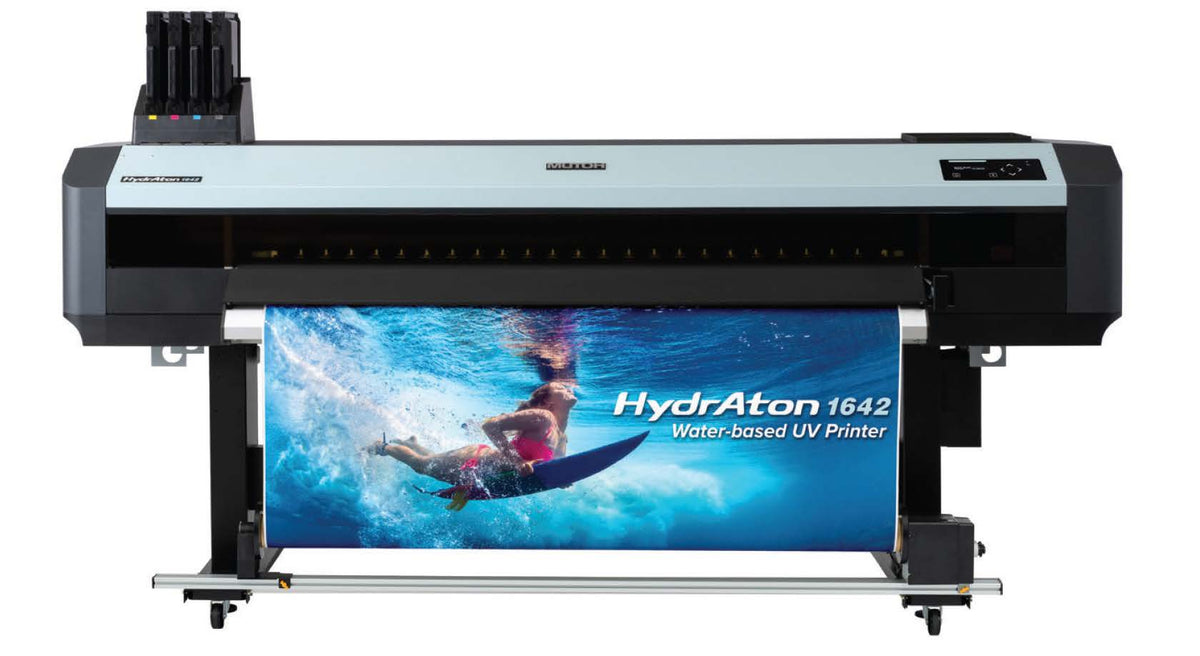 HydrAton 1642 water-based UV printer displaying a surfer on a board.