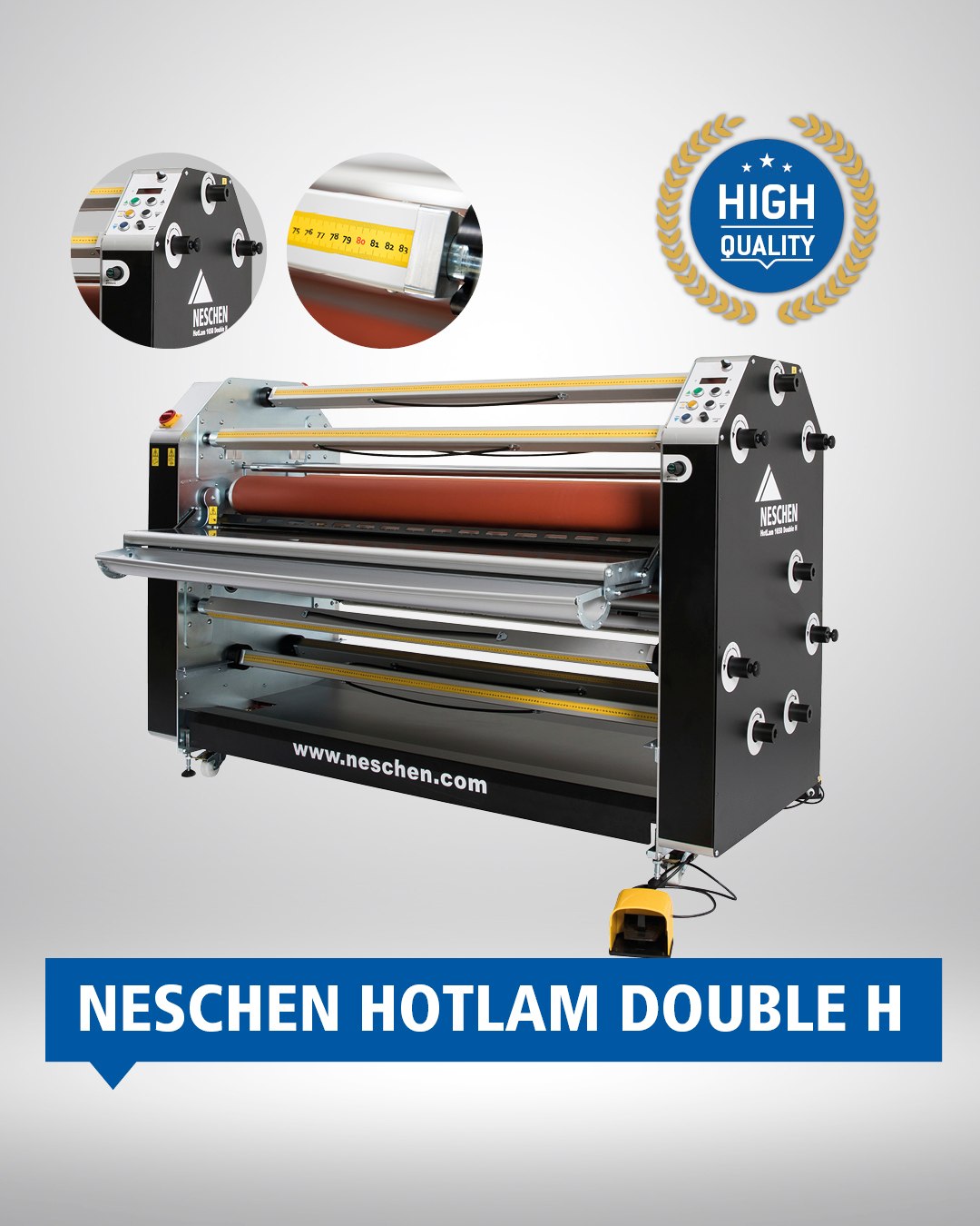 A Neschen HotLam 1650 DoubleH laminating machine with a black and gray color scheme, featuring a pull-out unwinding trough and auto-grip shafts. Includes inset images highlighting the machine's high quality and functionality.