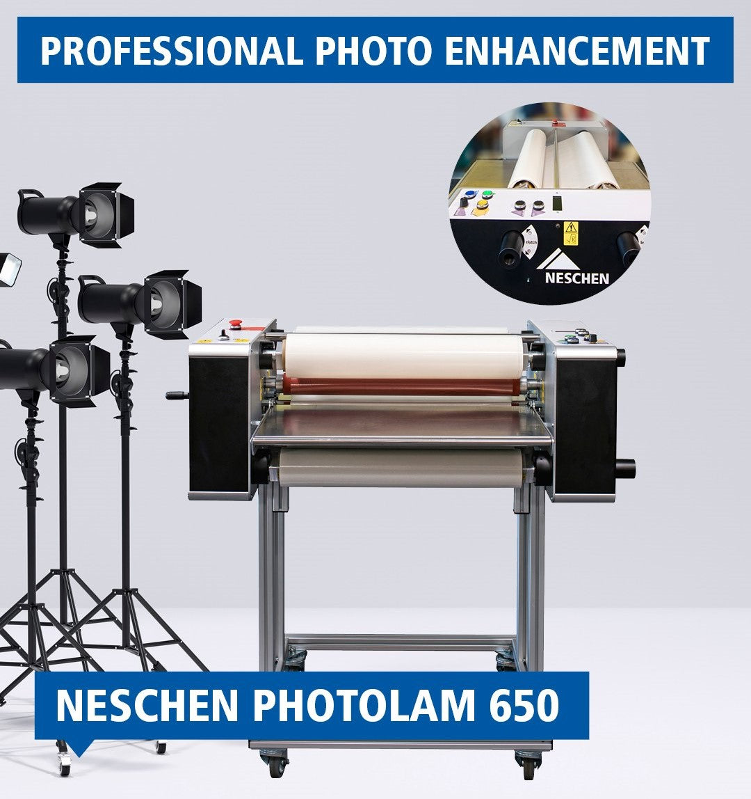 Neschen PhotoLam 650 laminating device placed on a stand, with a description of 'Professional Photo Enhancement' and the device visible in the background.