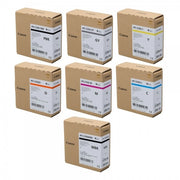 A set of Canon PFI-2300 / 3300 PRO ink cartridges in various colors, each packaged in a gray box with the Canon logo.