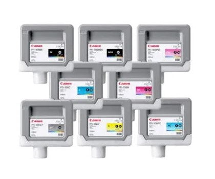 Seven Canon toner cartridge ink tanks arranged in two rows on a plain white background. The top row contains black, gray, and magenta tanks, while the bottom row contains gray, yellow, and cyan tanks.