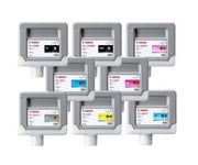 Seven Canon toner cartridge ink tanks arranged in two rows on a plain white background. The top row contains black, gray, and magenta tanks, while the bottom row contains gray, yellow, and cyan tanks.