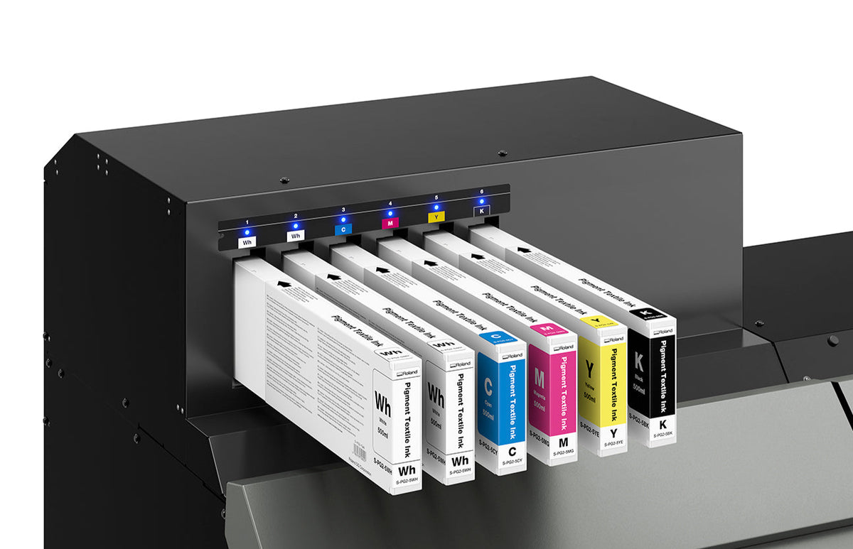 Ink cartridge holder with various ink cartridges on a white background