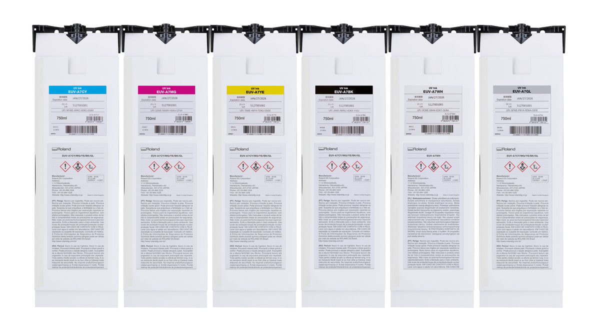 Set of ink cartridges with labels on a white background