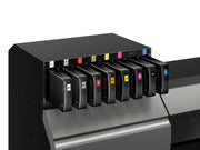 Row of printer ink cartridges on a black stand with a white background